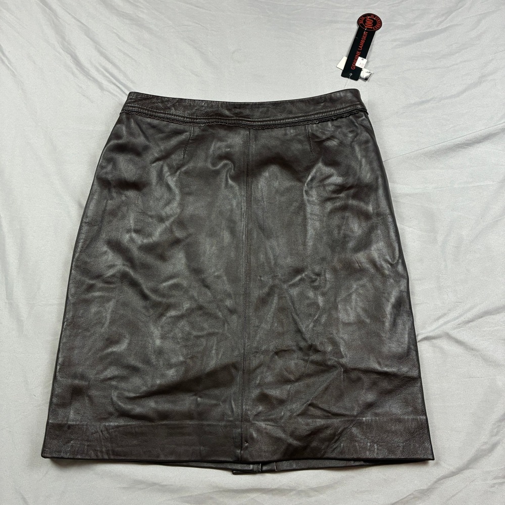 Jaclyn Smith Leather Skirt Womens 10 Brown Lambskin Scalloped Trim A-Line Mini